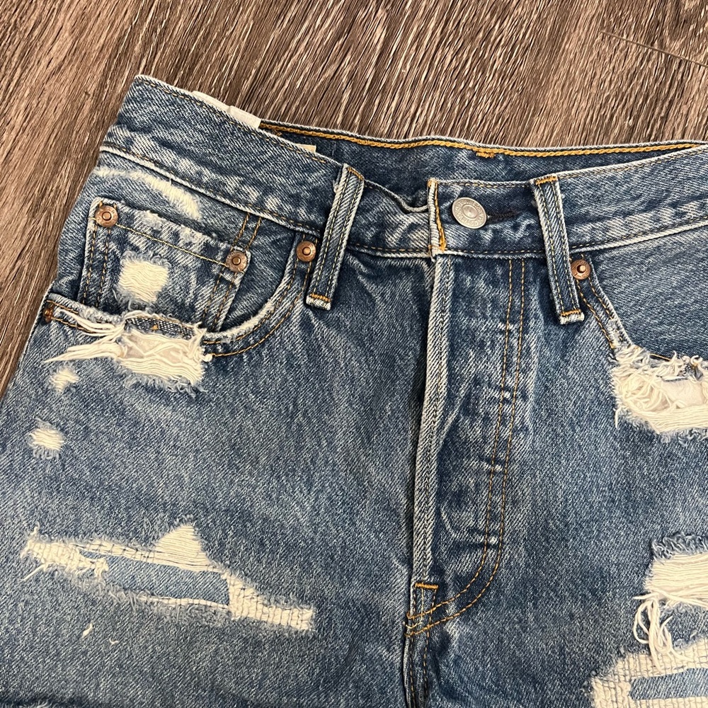 Levis High Rise Distressed Denim Shorts - Picture 6 of 9